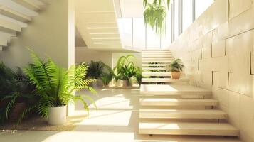 Serene and Stylish Interior Staircase with Lush Greenery and Natural Lighting photo