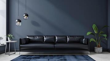 Sophisticated Living Room Design with Sleek Black Leather Sofa, Lush Potted Plant, and Elegant Pendant Lighting photo