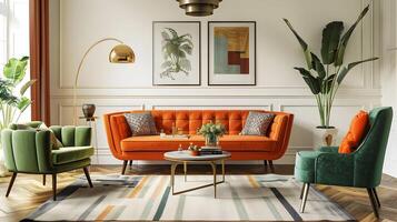 Sophisticated and Vibrant Living Room with Harmonious Color Palette and Curated Furniture Arrangement photo