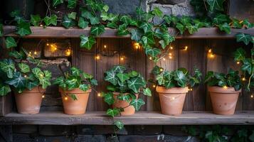 Cozy Autumn Night with Illuminated Ivy-Covered Wooden Shelving Displaying Potted Houseplants and Warm Lighting Fixtures photo