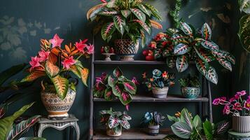 Colorful Tropical Houseplant Collection Displayed on Wooden Shelves in Cozy Interior photo