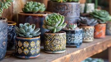 Vibrant Succulent Arrangements in Ceramic Planters Displayed on Rustic Wooden Tabletop photo