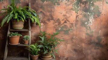 Vintage Botanical Display with Lush Greenery on Rustic Wooden Shelves Against Textured Terracotta Wall photo