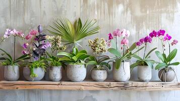 Lush Botanical Display of Assorted Potted Orchids and Tropical Foliage Artfully Arranged on Wooden Shelving against Whitewashed Wall photo