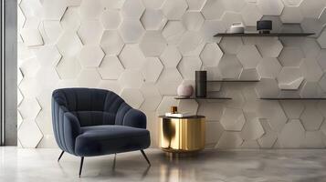 Plush Charcoal Armchair in Hexagonal Minimalist Living Space with Gold Accents photo