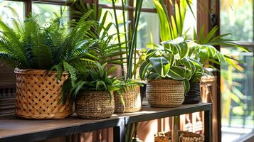 Lush Botanical Display in Cozy Interior Setting with Natural Wicker Baskets and Shelves photo