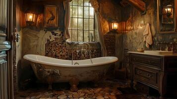 Rustic and Luxurious Cabin Bathroom with Antique Decor and Warm Lighting photo