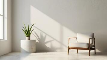 Peaceful indoor scene with potted plant and minimalist wood chair by bright window photo