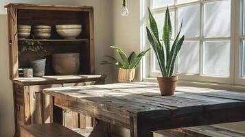Rustic Wooden Table and Shelves in Bright and Airy Home Interior with Houseplants photo