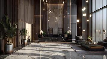 Opulent Lobby Entrance of Elegant Modern Corporate Building with Marble Flooring and Suspended Lighting Fixtures photo