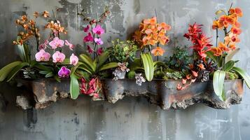 Vibrant Orchid Floral Display in Rustic Indoor Garden Setting photo