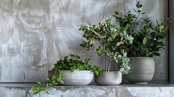 tranquilo verdor arreglo en conserva plantas adornando un minimalista gris pared foto