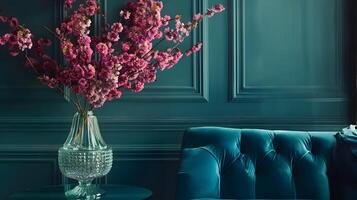 Luxurious Teal Velvet Sofa Adorned with a Lush Bouquet of Pink Blossoms in a Cozy,Elegant Room photo