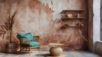 Rustic Rattan Chair with Cozy Cushions in Charming Abandoned Interior with Weathered Walls and Natural Decor Elements photo