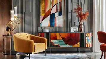 Refined and Captivating Contemporary Living Space with Vibrant Abstract Art Decor photo