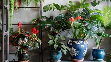 Lush and Vibrant Indoor Garden with Potted Tropical Foliage and Vibrant Floral Accents Decorating a Cozy Home Interior photo