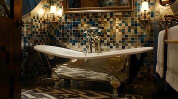 Ornate and Luxurious Vintage-Style Bathroom with Mosaic Tile Walls and Clawfoot Tub photo