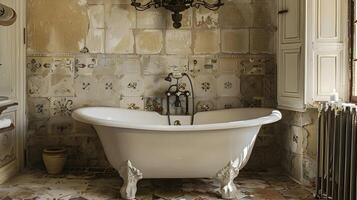 Ornate Vintage Clawfoot Tub in Rustic Stone Bathroom with Elegant Chandelier Lighting photo