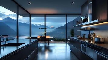 lujoso moderno cocina con panorámico montaña y lago puntos de vista en un contemporáneo y minimalista hogar interior diseño foto