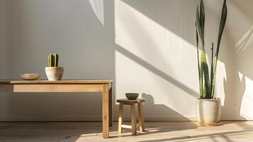 Modern Minimalist Interior Design with Wooden Table,Stool,and Potted Plant Bathed in Natural Sunlight and Shadow photo