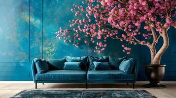 lujoso vivo habitación con cierne floral habitación central, felpa sofá, y vibrante color paleta foto