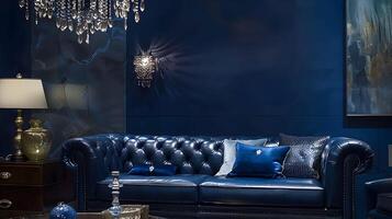 Luxurious and Opulent Blue Velvet Sofa in Exquisitely Designed Upscale Living Room with Ornate Chandelier and Artwork photo