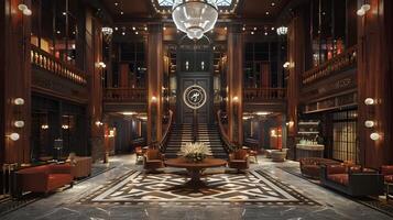 Magnificent Opulent Grandiose Neoclassical Interior of a Historic Lavish Marble Palace with Ornate Chandelier and Staircase photo