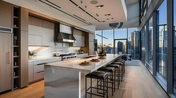 Luxurious Modern Kitchen with Stunning City Skyline View in Upscale Urban Apartment photo