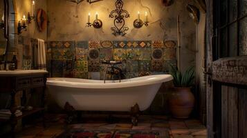 Luxurious Vintage Bathroom with Ornate Mosaic Tile Decor and Claw-foot Tub in Cozy, Serene Setting photo