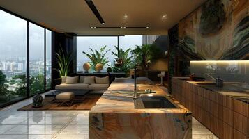 Luxurious Modern Apartment with Panoramic City View and Lush Indoor Greenery photo