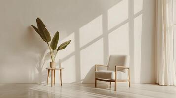 Peaceful and Serene Modern Minimalist Home Interior with Cozy Chair and Lush Potted Plant by Large Window photo