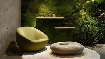 Moss-Covered Armchair in a Serene Minimalist Sanctuary for Peaceful Contemplation photo