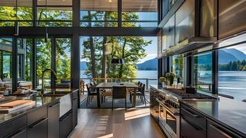 Luxurious Modern Kitchen Overlooking a Serene Lake and Mountain Landscape photo