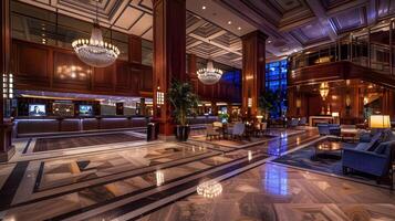 Magnificent Marble Lobby of a Prestigious Luxury Hotel with Ornate Decor and Lighting photo