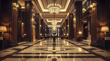 Luxurious and Ornate Marble Hallway in a Prestigious Palace or Mansion with Glittering Chandeliers and Symmetrical Patterns photo