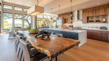 Luxurious Modern Kitchen with Expansive Wooden Dining Table and Integrated Cooking Island photo