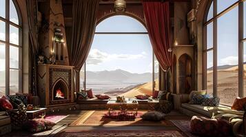 lujoso de inspiración marroquí salón con asombroso Desierto panorama foto