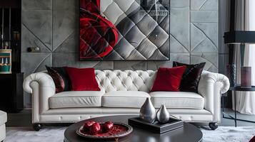 lujoso y sofisticado vivo habitación con sorprendentes rojo acentos y moderno Arte decoración foto