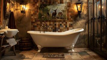 Rustic Luxury Bathroom Retreat with Antique Decor and Nature-Inspired Wall Art photo