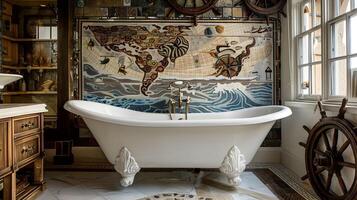 Luxurious Antique Nautical-Inspired Bathroom with Ornate Mosaic Wall Mural photo