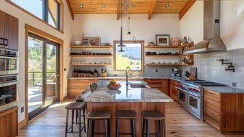 Rustic and Modern Kitchen with Wooden Accents and Large Window Overlooking Nature photo