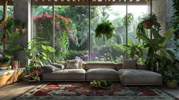 Luxurious Living Room Merging with Lush Botanical Greenhouse for Serene Indoor-Outdoor Retreat photo