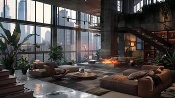 Luxurious Penthouse Apartment with Panoramic City Skyline View and Cozy Minimalist Interior Design photo