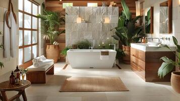 lujoso de inspiración tropical baño oasis con natural elementos y tipo spa ambiente foto