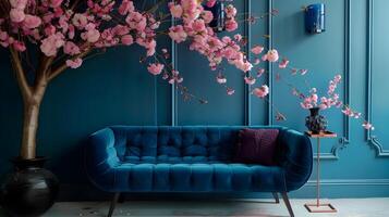lujoso azul terciopelo sofá enmarcado por cierne primavera árbol en elegante vivo habitación foto