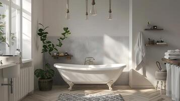 lujoso y sereno baño oasis con natural elementos y acogedor acentos foto