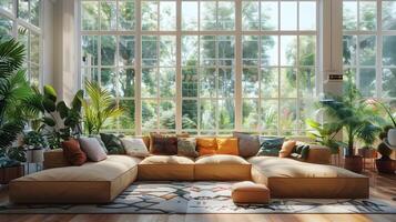 atractivo y sereno interior vivo espacio con abundante verdor y panorámico naturaleza puntos de vista foto
