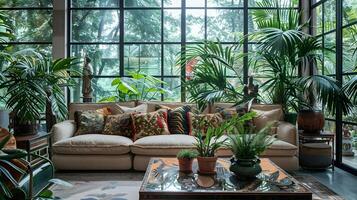 Lush Tropical Oasis A Cozy and Stylish Indoor Living Space Surrounded by Vibrant Greenery and Natural Light photo