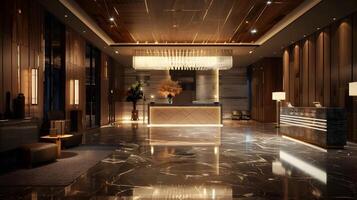 Majestic Lobby of an Upscale Luxury Hotel Exuding Sophistication and Grandeur photo