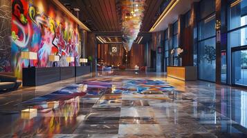 magnífico vestíbulo con vibrante Encendiendo y reflexivo piso en exclusivo hotel o recurso foto